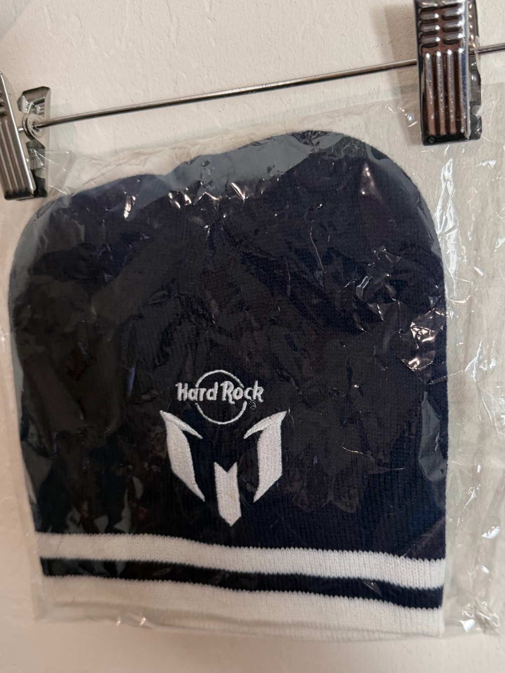 Hard Rock Cafe Navy and White Striped Knit Beanie